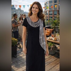 Vintage V.I.P. Elegant Black Dress with Patterned Scarf made in Canada size 8.